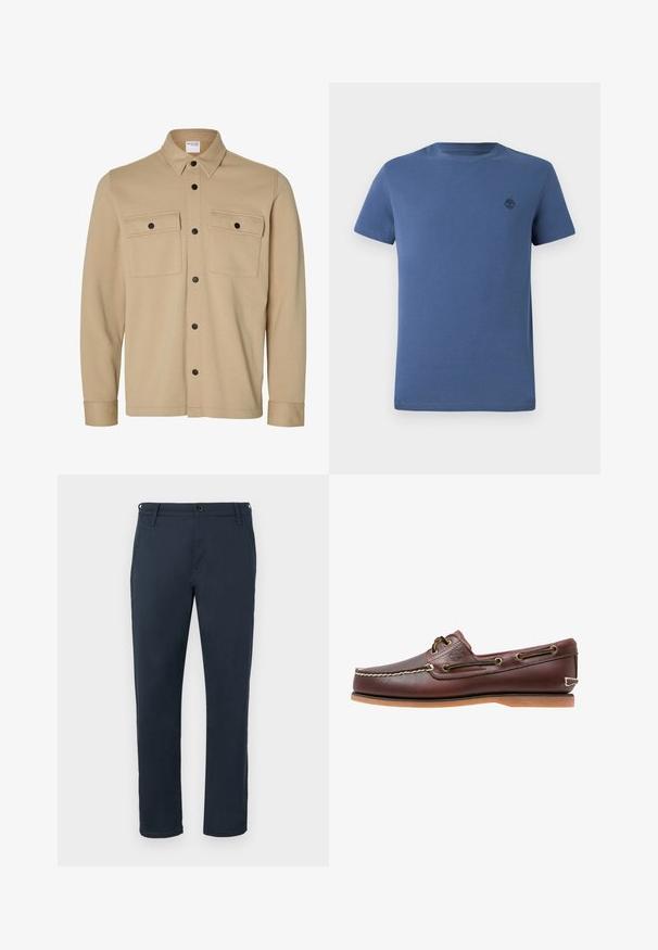 Chaqueta camisa beige de manga larga con botones a presión negros, dos bolsillos frontales con solapa y cuello clásico de la marca Selected Homme.; Camiseta azul de cuello redondo hecha de algodón, con mangas cortas y un pequeño logo de un árbol oscuro en el área del pecho izquierdo.; Pantalones de algodón azul marino con un corte recto, bolsillos frontales, cierre de botón y trabillas para cinturón. Textura suave sin patrones visibles.; Zapato náutico de cuero marrón con costuras blancas, detalles de cordones y suela de goma color coñac, mostrado de lado sobre un fondo blanco.