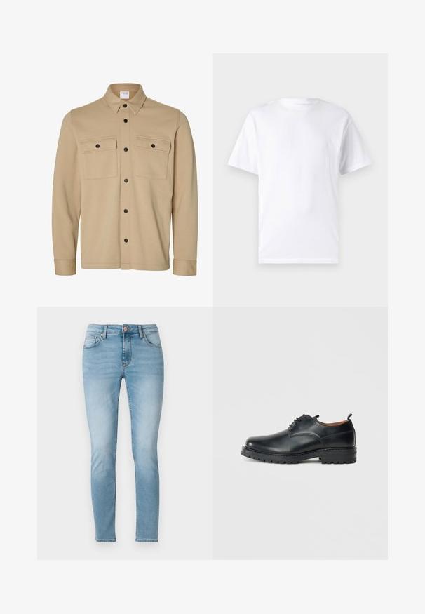 Veste-chemise beige manches longues avec boutons-pression noirs, deux poches avant à rabat et un col classique de la marque Selected Homme.; T-shirt blanc à manches courtes en coton avec un col rond, présentant une texture lisse et un design simple, sans motifs ni accents.; Jean skinny bleu clair en denim, avec taille mi-haute, cinq poches et un léger dégradé sur les cuisses. Fermeture à bouton à la taille.; Chaussures derby en cuir noir avec une texture lisse, bout rond, design à lacets et une semelle en caoutchouc épaisse et robuste.