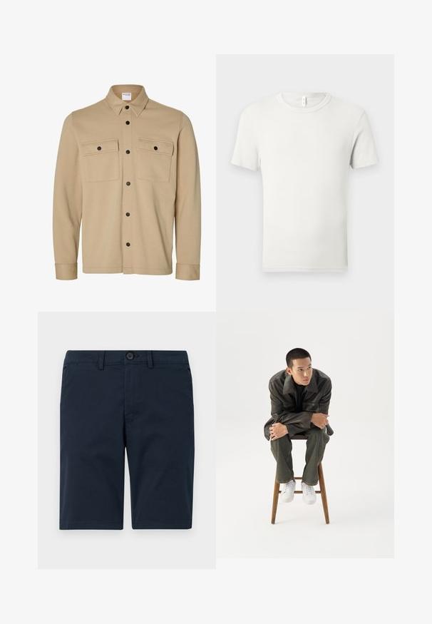 Chaqueta camisa beige de manga larga con botones a presión negros, dos bolsillos frontales con solapa y cuello clásico de la marca Selected Homme.; Camiseta blanca lisa de manga corta y cuello redondo, extendida sobre una superficie gris claro, con una pequeña etiqueta de tela en el cuello.; Pantalones cortos azul marino hechos de una mezcla de algodón, con cierre de botón, trabillas para cinturón y dobladillo recto con un detalle mínimo.; Joven con chaqueta de cuero oscura y vaqueros sentado en un taburete de madera, inclinado hacia adelante con los brazos cruzados, mirando hacia un lado contra un fondo blanco.