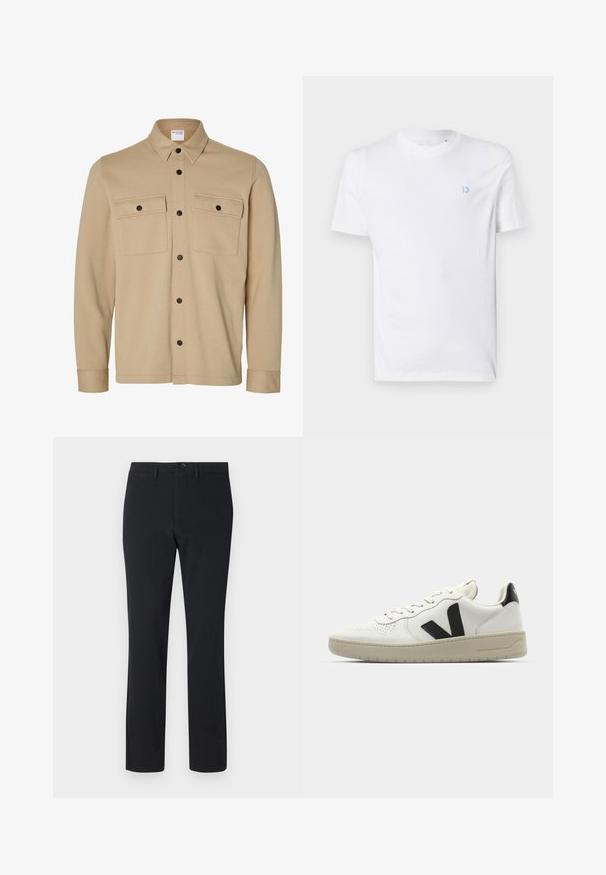 Veste-chemise beige manches longues avec boutons-pression noirs, deux poches avant à rabat et un col classique de la marque Selected Homme.; T-shirt en coton blanc avec un col rond et des manches courtes, orné d'un logo bleu clair sur la gauche de la poitrine. Texture lisse, design simple.; Pantalons noirs à jambe droite en tissu lisse. Présentent une fermeture à bouton sur le devant, des passants de ceinture et deux poches latérales.; Baskets en cuir blanc avec logo V noir, nez perforé, semelle en caoutchouc crème, fermeture à lacets plates et design minimaliste.