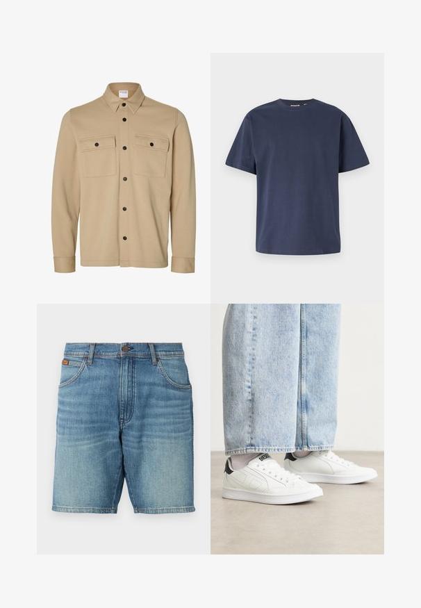 Beige langærmet skjortejakke med sorte trykknapper, to frontlommer med klap og en klassisk krave fra Selected Homme-mærket.; Mørkeblå bomulds T-shirt med rund halsudskæring og korte ærmer. Glat tekstur, lige snit og minimale sømme, hvilket giver et klassisk design.; Lys blå vaskede denimshorts med et klassisk 5-lommers design, knaplukning og subtile falmninger. Ren kant og synlig tekstur.; Hvide sneakers med en glat lædertekstur, sorte hæl detaljer og perforerede elementer. Sammen med lyseblå bukser med vide ben i denim.