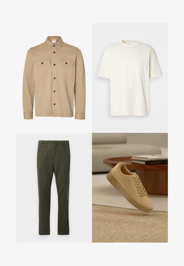 Beige Hemdjacke mit langen Ärmeln, schwarzen Druckknöpfen, zwei vorderen Klappentaschen und klassischem Kragen von der Marke Selected Homme.; Ein einfarbiges, off-white T-Shirt mit kurzen Ärmeln und Rundhalsausschnitt, unisex Design, auf einem neutralen grauen Hintergrund präsentiert.; Gerade geschnittene Chino-Hosen in dunkelolivgrün mit vorderem Knopf- und Reißverschluss, seitlichen und kleinen schrägen Vordertaschen.; Beiger geschnürter Sneaker, der über einem strukturierten Teppich mit Holzcouchtisch und gestapelten Büchern im verschwommenen Hintergrund schwebt.