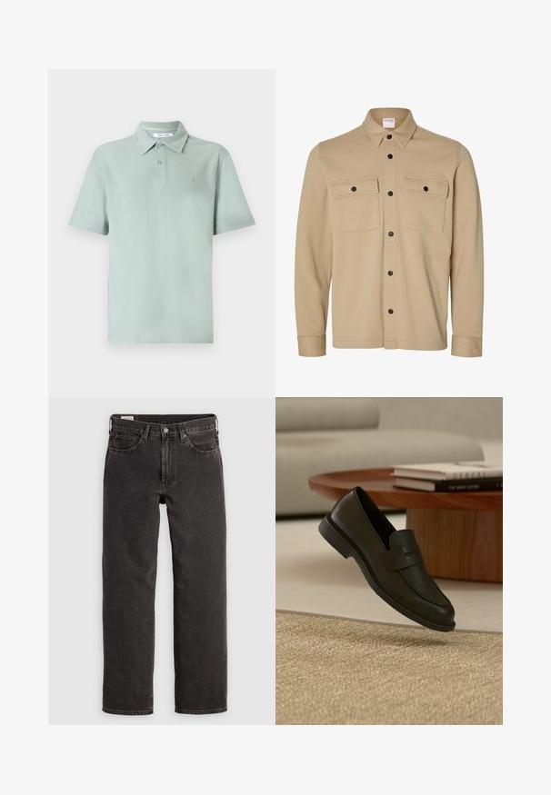 Beige langærmet skjortejakke med sorte trykknapper, to frontlommer med klap og en klassisk krave fra Selected Homme-mærket.; Lys grøn polo t-shirt med et tekstureret stof, korte ærmer, krave, to-knaps lukning og et broderet logo på brystet.; Sorte denim jeans med lige ben, fem lommer og metalbeslag. Stoffet har en let struktur og en ensfarvet finish.; Sort læderloafer vist i luften over en beige vævet tæppe, med et træbord og stablede bøger i et blødt oplyst stue.