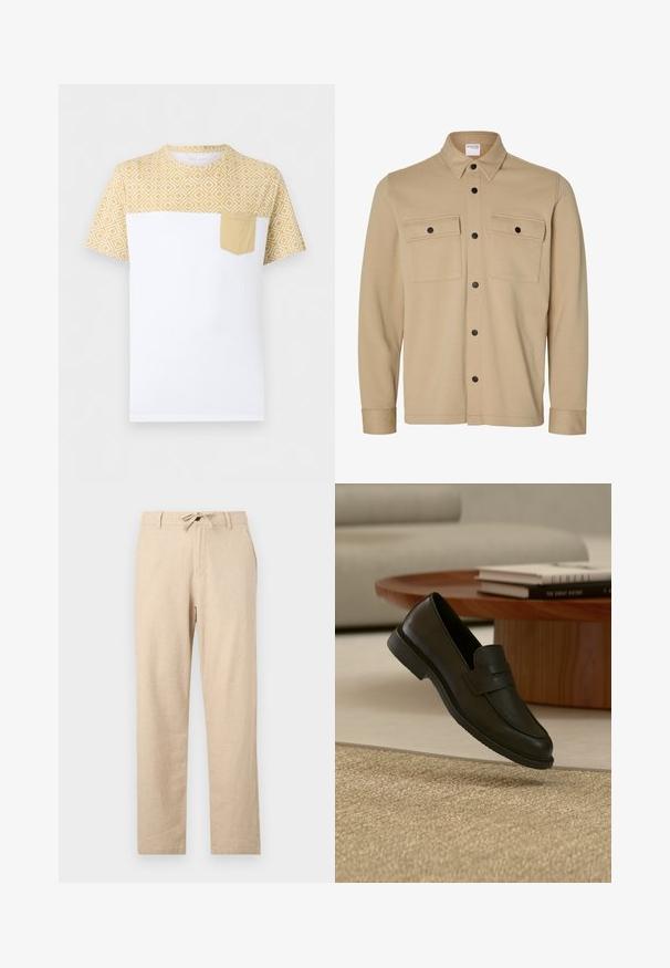 Veste-chemise beige manches longues avec boutons-pression noirs, deux poches avant à rabat et un col classique de la marque Selected Homme.; T-shirt blanc à manches courtes avec un motif géométrique jaune sur le haut et les manches, avec une poche poitrine jaune unie sur le côté gauche.; Pantalons en lin beige clair avec taille à cordon, coupe droite, poches avant et texture lisse. Design minimaliste sans motifs.; Chaussure mocassin en cuir noir présentée en suspension au-dessus d'un tapis beige tissé, avec une table en bois et des livres empilés dans un salon doucement éclairé.