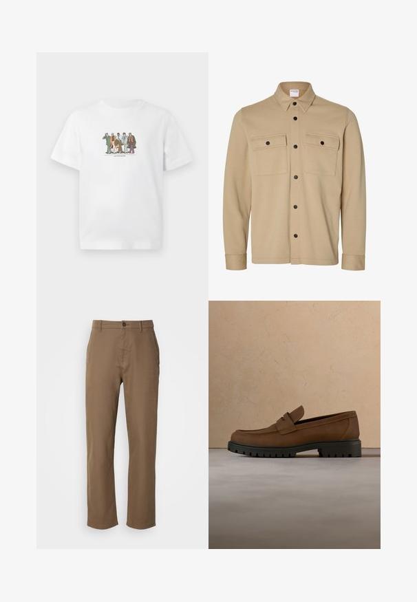 Beige overhemdjack met lange mouwen, zwarte drukknopen, twee voorzakken met klep en een klassieke kraag van het merk Selected Homme.; Witte T-shirt met illustratie van vijf diverse mannen in pakken die zelfverzekerd naast elkaar lopen, met aktetassen en telefoons in de hand.; Bruine katoenen broek met een rechte pasvorm, knoopsluiting en zijzakken. Heeft een gladde textuur en een eenvoudig, onopgesmukt ontwerp.; Donkerbruine leren loafer met dikke zwarte rubberen zool, getoond boven een beige tapijt en bankachtergrond.
