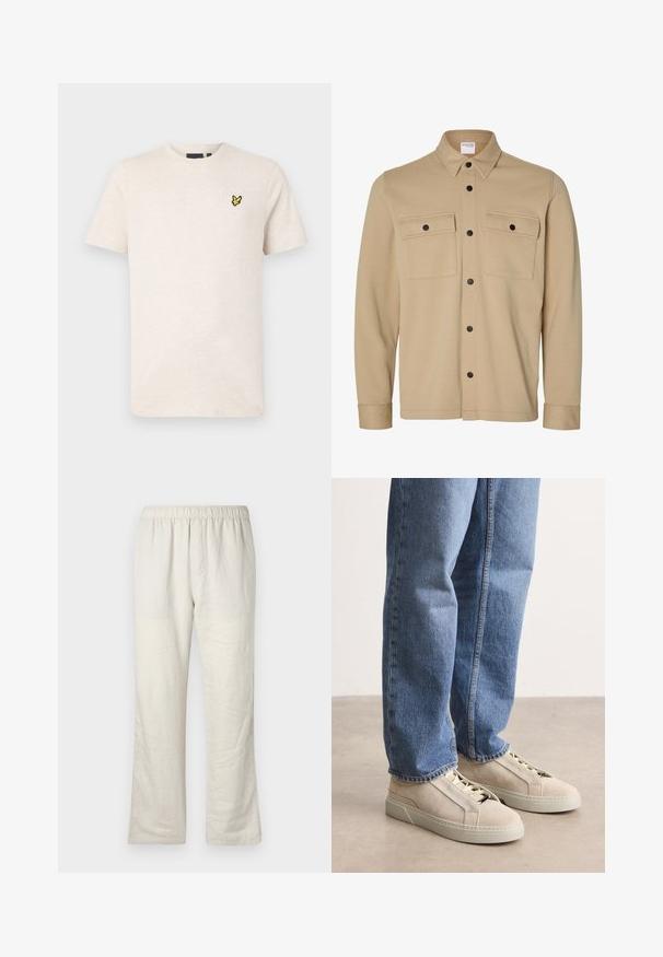 Beige langærmet skjortejakke med sorte trykknapper, to frontlommer med klap og en klassisk krave fra Selected Homme-mærket.; Beige kortærmet t-shirt med rund halsudskæring og lille gul fuglelogo på venstre bryst, vist på en ensfarvet baggrund.; Beige lette linned bukser med elastisk talje, lige ben og ingen synlige lommer eller lukninger.; BOSS GARYTENN_SDHDEL - Sneakers - natural ten