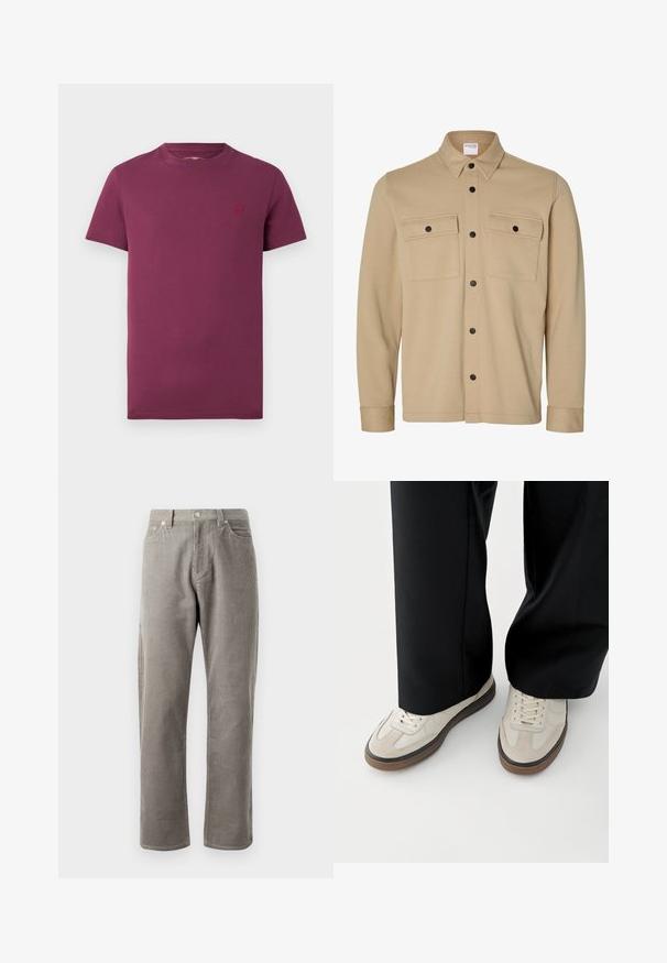 Beige Hemdjacke mit langen Ärmeln, schwarzen Druckknöpfen, zwei vorderen Klappentaschen und klassischem Kragen von der Marke Selected Homme.; Burgunderfarbenes T-Shirt mit kurzen Ärmeln aus Baumwolle, mit Rundhalsausschnitt und einem kleinen gestickten Logo auf der linken Brust. Glatte Textur.; Grau karierte Hose mit geradem Schnitt, einem hohen Bund, frontalen Taschen und subtiler vertikaler Rippstruktur.; Füße mit beigen Sneakers mit braunen Sohlen und schwarzen Hosen mit weitem Bein auf weißem Hintergrund.