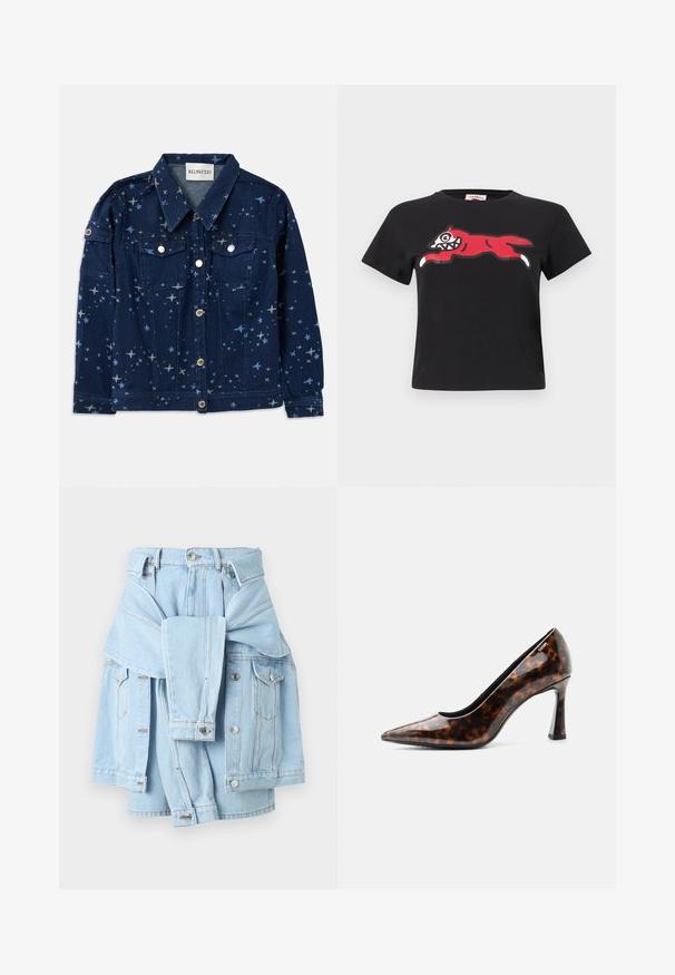 Veste en jean bleu foncé avec un imprimé à motifs d'étoiles. Elle dispose de deux poches poitrine, d'une fermeture à boutons et d'un col classique.; Crop top noir à manches courtes avec un graphisme d'un renard rouge stylisé sautant, aux dents et pattes blanches, sur la poitrine.; Jupe en denim bleu clair avec une veste en denim assortie nouée autour de la taille, poches avant, boutons et passants de ceinture visibles.; Chaussure à talon haut marron écaille de tortue à bout pointu avec finition brillante et talon courbé de hauteur moyenne, vue de côté.