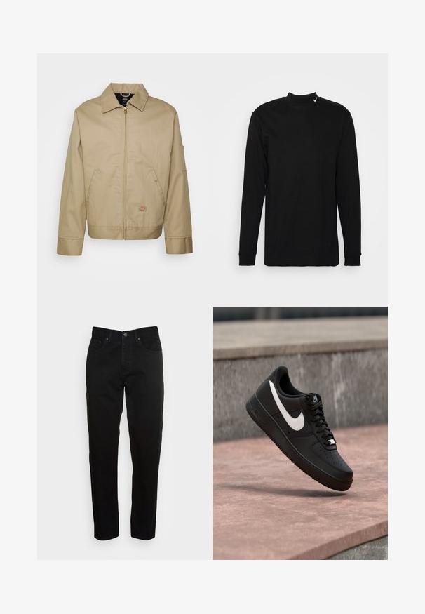 Chaqueta de algodón beige con cierre de cremallera, cuello con puntas, bolsillos laterales y parche de logo. Presenta una silueta estructurada y un dobladillo definido.; Nike Sportswear MOCK NECK - Sudadera - black; Jeans negros ajustados con cierre de botón frontal y diseño de cinco bolsillos, mostrados sobre un fondo gris claro liso.; Zapatilla Nike Air Force 1 negra con el logo de la marca en blanco, flotando sobre una superficie de piedra y un fondo de pared gris texturizada.