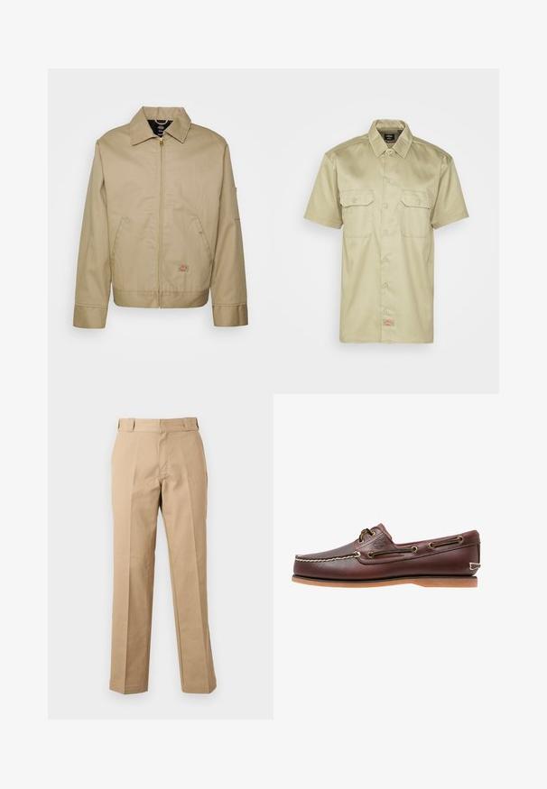 Veste en coton beige avec fermeture éclair, col classique, poches latérales et logo brodé. Présente une silhouette structurée avec un ourlet distinct.; Chemise à manches courtes, couleur kaki, à boutonner, avec un col, deux poches poitrine et un petit logo brodé en bas. Texture de tissu lisse.; Pantalon beige droit avec passants de ceinture, fermeture éclair à l'avant et plis marqués, présenté sur un fond blanc uni.; Chaussure bateau en cuir marron avec coutures blanches, détails de lacets et semelle en caoutchouc beige, vue de côté sur fond blanc.