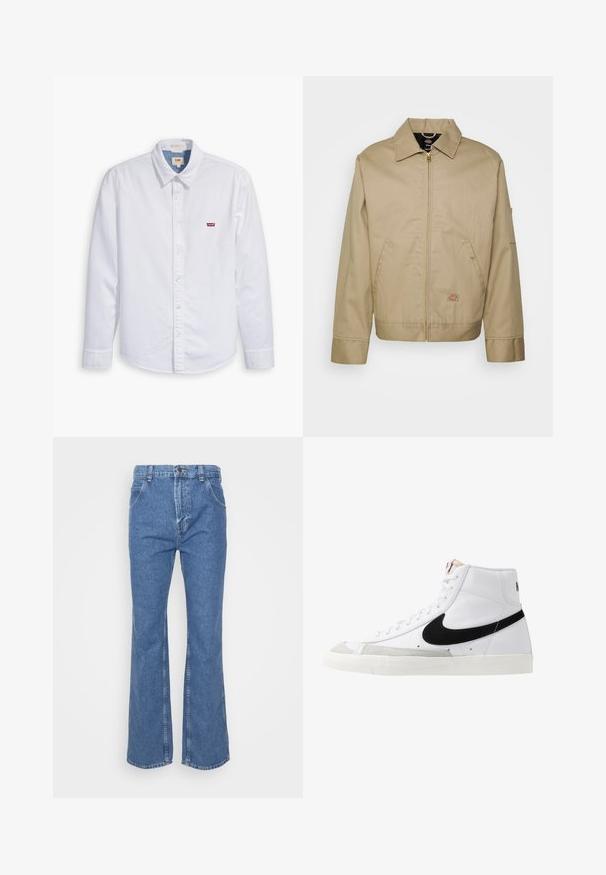 Chaqueta de algodón beige con cierre de cremallera, cuello con puntas, bolsillos laterales y parche de logo. Presenta una silueta estructurada y un dobladillo definido.; Camisa de botón de manga larga blanca hecha de algodón. Presenta un cuello puntiagudo y un pequeño logo rojo de Levi's en el pecho izquierdo. Textura suave.; Jeans de mezclilla azul de pierna acampanada con cintura alta, que cuentan con trabillas para el cinturón, bolsillos frontales y un cierre de botón clásico. Textura suave, costuras rectas.; Zapatillas altas blancas con un swoosh negro, una puntera texturizada en gris y suela plana blanca. Presenta seis ojales y acentos cosidos.