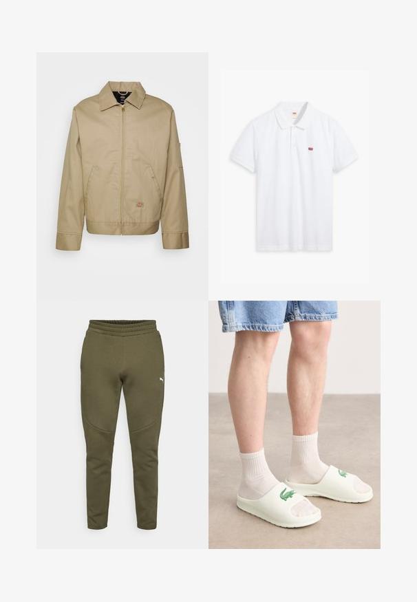Beige bomuldsjakke med lynlås, spidse kraver, sidelommer og logo patch. Den har en struktureret silhuet og kant.; Hvid polo t-shirt lavet af bomuld. Har en tre-knaps stolpe, korte ærmer og et lille rødt Levi's-logo på venstre bryst.; Olivengrønne sweatpants med en tætsiddende pasform, elastisk talje og et lille hvidt logo på venstre side. Blødt stof med en glat overflade.; Hvide slidesandaler med åben tå, med et grønt logo, båret med hvide ribbede sokker og denimshorts. Glat materiale og flad sål.