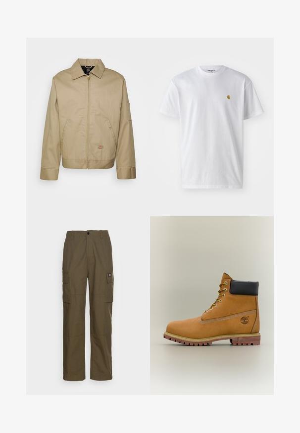 Chaqueta de algodón beige con cierre de cremallera, cuello con puntas, bolsillos laterales y parche de logo. Presenta una silueta estructurada y un dobladillo definido.; Camiseta de algodón blanca con mangas cortas, cuello redondo, que presenta un pequeño logo dorado en la parte izquierda del pecho. Textura suave y corte regular.; Pantalones cargo en verde oliva, hechos de un tejido resistente. Presenta dos bolsillos laterales, una cintura estándar y un diseño de pierna recta.; Bota de tobillo de cuero marrón con cuello negro, cordones amarillos y suela beige. Presenta un logotipo y detalles de costura blanca. Suela exterior con tracción robusta.