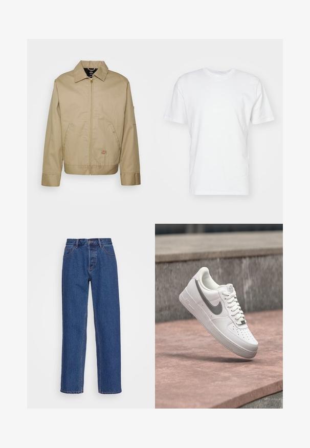 Beige katoenen jack met een ritsluiting, puntkraag, zijzakken en een logo-opdruk. Beschikt over een gestructureerde silhouet en zoomlijn.; Witte katoenen T-shirt met korte mouwen, ronde halslijn en een gladde textuur. Eenvoudig ontwerp zonder patronen of afbeeldingen.; Blauwe spijkerbroek met een klassiek recht model, voorzien van een hoge taille, riemlussen en subtiele stiksels.; Witte Nike Air Force 1 sneaker met grijs swoosh-logo zwevend boven een stenen oppervlak en een grijze stenen muur op de achtergrond.