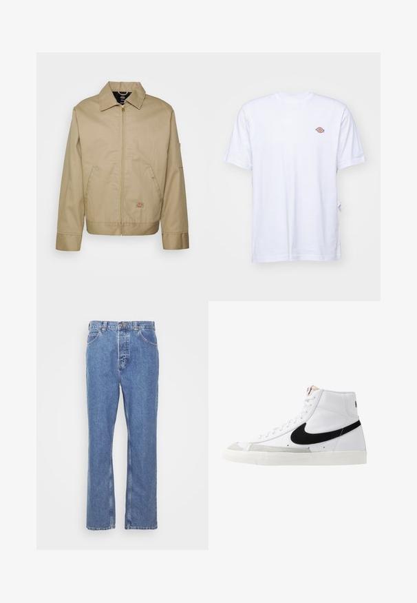 Beige bomuldsjakke med lynlås, spidse kraver, sidelommer og logo patch. Den har en struktureret silhuet og kant.; Hvid bomulds t-shirt med v-hals og korte ærmer. Har et lille farverigt broderet logo på venstre bryst. Blød tekstur.; Blå denimjeans med lige pasform, fem lomme-design, bæltestropper og knaplukning. Stoffet har en blød, struktureret finish.; Hvide høje sneakers med et sort swoosh, struktureret grå tåhætte og flad hvid sål. Har seks snørrehuller og syede detaljer.