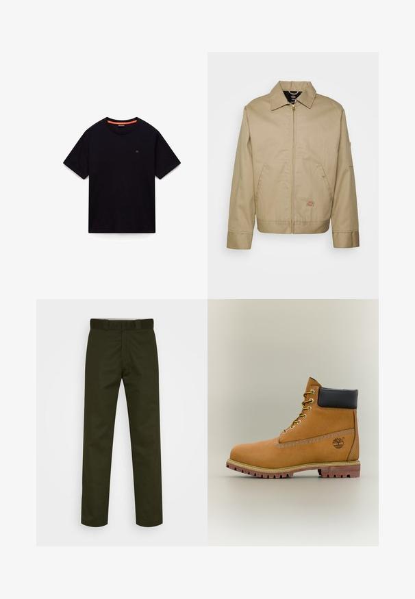 Beige bomuldsjakke med lynlås, spidse kraver, sidelommer og logo patch. Den har en struktureret silhuet og kant.; Sort kortærmet T-shirt med rund hals, lille logo på brystet og orange detalje i den indvendige krave, lagt fladt på en hvid baggrund.; Mørkegrønne bukser med lige ben, lavet af et glat stof. Har en flad front, bæltestropper og ingen synlige mønstre eller hardware.; Brun læderankelstøvle med sort krave, gule snørebånd og tanfarvet sål. Har logo og hvide syninger som detalje. Robust ydersål med greb.