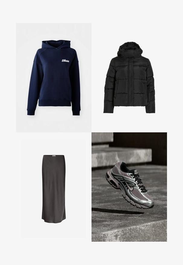 Sort dunjakke med høj krave, vandret quiltet mønster og lynlås foran. Har lommer og en let cropped pasform.; Mørkeblå hættetrøje lavet af blødt materiale. Har en frontlomme og et hvidt logo på brystet. Ribbet ved håndledene og kanten.; Mørkegrå midi-nederdel lavet af glat, let stof; har en lige silhuet og diskrete sideslids ved kanten.; Nike Air Max løbesko med sølv, sort og lilla mesh, vist i luften over en betonoverflade og trin.