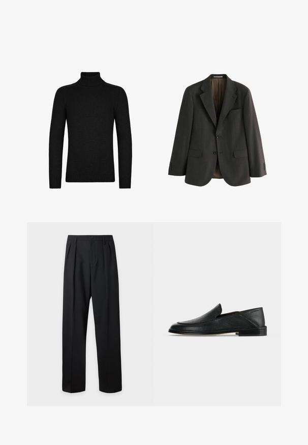 Mørkeblå blazer lavet af tekstureret stof, med en skårede lapel, to knapper foran og en brystlomme. Inderforet med et mønstret materiale.; Sort rullekravesweater lavet af blødt stof, med ribstrikket krave og manchetter, med en tætsiddende pasform og lange ærmer.; Sorte skræddersyede bukser med høj talje, bæltestropper, frontfolder, knaplukning og lige vide ben på en lys baggrund.; Sort læder slip-on loafer med lav hæl og rundet tå, vist på en simpel hvid baggrund.