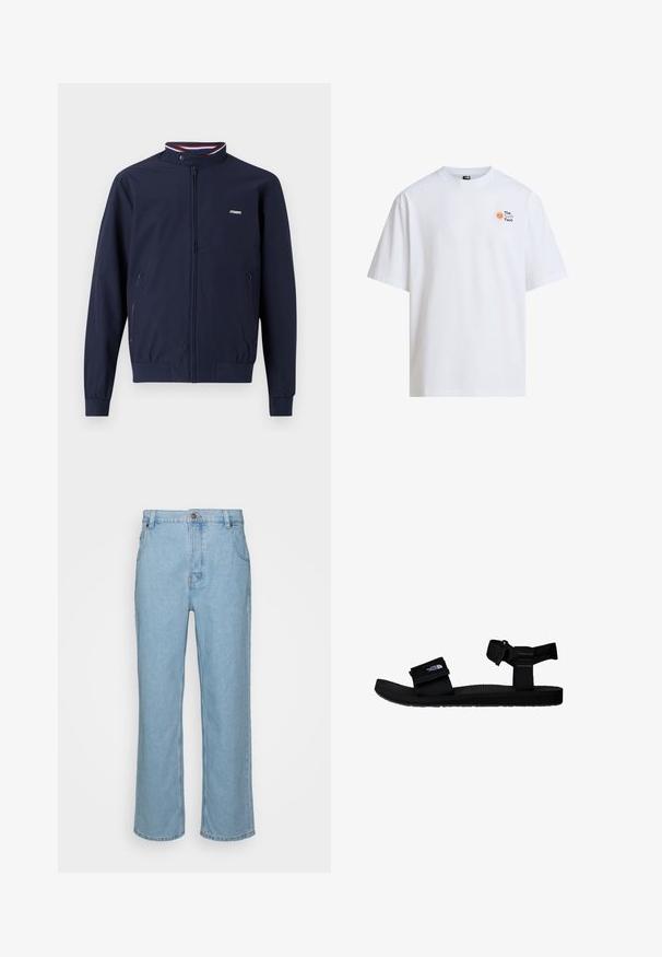 Marineblaue, leichte Zip-Jacke mit hohem Kragen, elastischen Bündchen, zwei Seitentaschen und kontrastierenden rot-blauen Streifenakzenten.; Weißes T-Shirt mit kurzen Ärmeln, kleinem orangem Sonnenmotiv und „The North Face“-Logo auf der linken Brust.; Helle blaue Denim-Jeans mit geradem Bein, ausgestattet mit einem Knopfverschluss, Gürtelschlaufen und zwei Vorderstaschen.; Schwarze Sandalen mit verstellbaren Stoffriemen, strukturiertem Gummisohle und einem Logopatch. Entworfen für Komfort und die Nutzung im Freien.