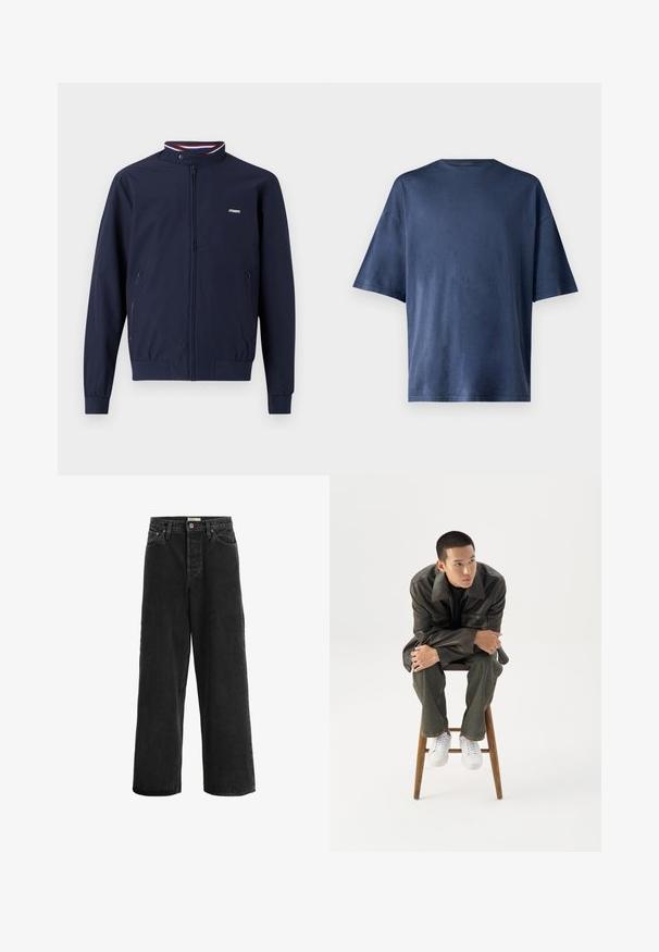 Marineblauwe lichtgewicht ritsjack met een hoge kraag, elastische manchet, twee zijzakken en contrasterende rode en blauwe gestreepte accenten.; Marineblauwe T-shirt met korte mouwen, gemaakt van zachte stof, heeft een klassieke ronde hals en een relaxed fit, zonder zichtbare patronen of accenten.; Zwarte wijde jeans gemaakt van denim stof. Heeft een hoge taille, twee voorklepjes, een knoopsluiting en subtiele stikseldetails.; Jonge man in een donkere leren jas en spijkerbroek zit op een houten kruk, leunt naar voren met gekruiste armen en kijkt naar de zijkant tegen een witte achtergrond.