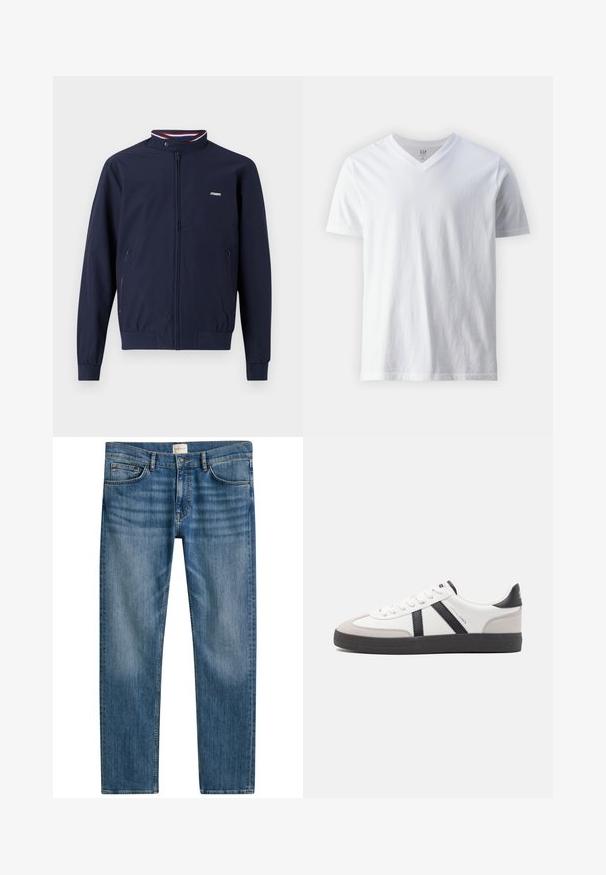 Marineblauwe lichtgewicht ritsjack met een hoge kraag, elastische manchet, twee zijzakken en contrasterende rode en blauwe gestreepte accenten.; Korte mouwen, V-hals witte T-shirt van katoen. Heeft een eenvoudig ontwerp met een gladde textuur en een relaxte pasvorm.; Blauwe jeans van denim met een rechte snit, voorzien van vijf zakken, een knoopsluiting en een lichte vervaging over de stof voor textuur.; Witte sneaker met zwarte en grijze accenten, voorzien van een grijze neus met textuur, zwarte rubberen zool en platte witte veters. Schoon ontwerp, minimalistische stijl.