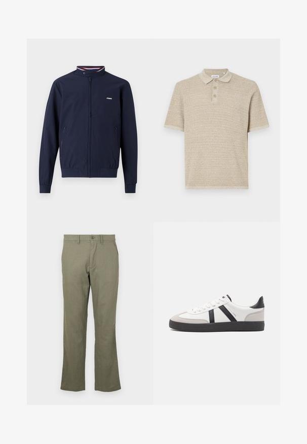 Marineblaue, leichte Zip-Jacke mit hohem Kragen, elastischen Bündchen, zwei Seitentaschen und kontrastierenden rot-blauen Streifenakzenten.; Beige Polo-Shirt, kurze Ärmel, strukturierter Strickstoff, Drei-Knopf-Leiste, klassischer Kragen, dezentes Muster, lockere Passform.; Lässige olivgrüne Hose aus einem weichen Stoff. Mit geradem Beinschnitt, Fronttaschen und Knopfverschluss. Keine sichtbaren Muster.; Weiße Sneaker mit schwarz- und grau-aczenten, ausgestattet mit einer strukturierten grauen Zehenkappe, schwarzer Gummi-Sohle und flachen weißen Schnürsenkeln. Sauberes Design, minimalistische Stil.