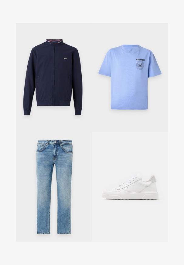 Marineblaue, leichte Zip-Jacke mit hohem Kragen, elastischen Bündchen, zwei Seitentaschen und kontrastierenden rot-blauen Streifenakzenten.; Helles blaues Baumwoll-T-Shirt mit kurzen Ärmeln, Rundhalsausschnitt und schwarzem "Ramones"-Logo-Druck auf der linken Brustseite. Glatte Textur.; Helle blaue Jeans aus Denim mit geradem Bein-Design, fünf Taschen, dezenten Nähten und einem ausgewaschenen Finish.; Weiße Leder-Sneaker mit glatter Oberfläche, rundem Zehenbereich, flachen Schnürsenkeln und strukturiertem Schuhsohlen. Graues Wildleder-Detail an der Ferse.