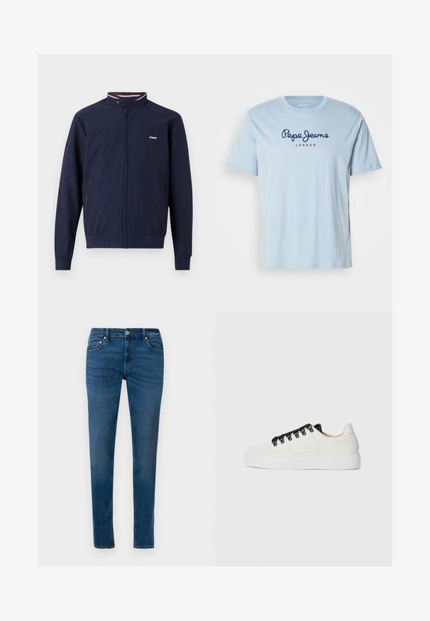 Mørkeblå letvægts zip-up jakke med høj krave, elastiske manchetter, to sidelommer og kontrastende røde og blå stribede detaljer.; Lyseblåt bomulds t-shirt med korte ærmer, prydet med et mørkeblåt "Pepe Jeans" logo og rødt "LONDON" tekst over brystet.; Blå denim skinny jeans med frontknaplukning, bæltestropper og for- samt baglommer, vist mod en hvid baggrund.; Hvide lavtop sneakers med tyk sål, sorte snørebåndskroge, sorte snørebånd og beige indvendig foring på en almindelig hvid baggrund.
