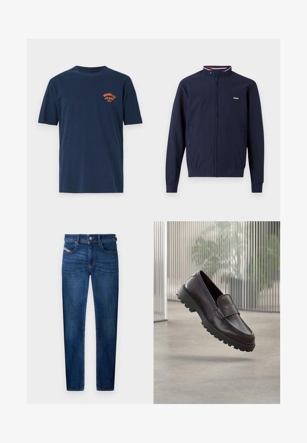 Marineblauwe lichtgewicht ritsjack met een hoge kraag, elastische manchet, twee zijzakken en contrasterende rode en blauwe gestreepte accenten.; Navyblauwe katoenen T-shirt met korte mouwen, een ronde hals en een oranje geborduurd "Wrangler Jeans 1947" logo op de borst.; Donkerblauwe spijkerbroeken met rechte pijpen, vijf zakken, zichtbare stikseldetails en een metalen knoopsluiting.; Bruine leren instapschoen met een afgeronde neus en een stevige zwarte rubberen zool. Voorzien van een decoratief bandje over de wreef.