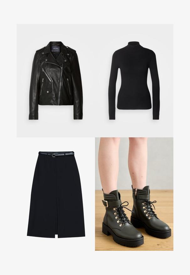 Schwarze Leder-Bikerjacke mit asymmetrischem Reißverschluss, silbernen Beschlägen und mehreren Reißverschlusstaschen. Mit Reverskragen und Schulterklappen.; Schwarzer Rollkragenpullover aus leichtem Strickgewebe. Mit langen Ärmeln, taillierter Passform und weichem Ripptextil.; Schwarzer knielanger Rock mit einem vorderen Schlitz, aus glattem Stoff gefertigt. Verfügt über einen dünnen schwarzen Gürtel mit einer silbernen Schnalle und Gürtelschlaufen.; Dunkelgrüne Stiefeletten aus glattem Leder mit Schnürsenkeln, goldfarbenen Ösen und einem seitlichen Reißverschluss, ausgestattet mit einer klobigen, schwarzen Profilsohle.