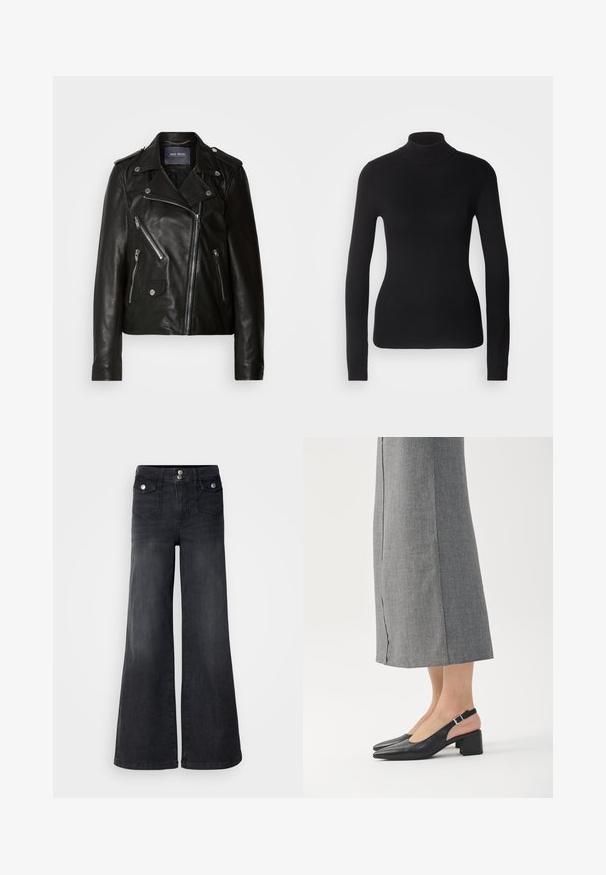 Veste de biker en cuir noir avec fermeture éclair asymétrique, quincaillerie argentée et plusieurs poches zippées. Présente un col à revers et des épaulettes.; Pull à col roulé noir en maille légère. Il possède des manches longues, une coupe ajustée et une texture côtelée douce.; Jean large en denim noir avec taille haute, boutons sur le devant et deux poches avant ; texture lisse avec une légère finition décolorée.; Chaussures slingback en cuir noir avec bout pointu, talon bloc et accent de talon rose contrastant. Texture lisse avec un design minimaliste.