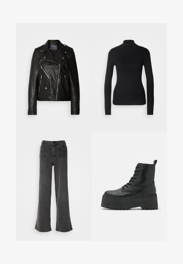 Sort læder motorcykeljakke med asymmetrisk lynlås, sølvhardware og flere lynlåslommer. Har reverskrave og skulderepauleter.; Sort turtleneck sweater lavet af let strikket stof. Har lange ærmer, et tætsiddende design og en blød ribbet tekstur.; Høj talje, brede ben sorte jeans lavet af denim, med knaplukning, bæltestropper og to baglommer med syninger.; Sorte ankelstøvler med en kraftig platformssål, lavet af glat læder, med snørebåndsdesign og en træktab bagpå.