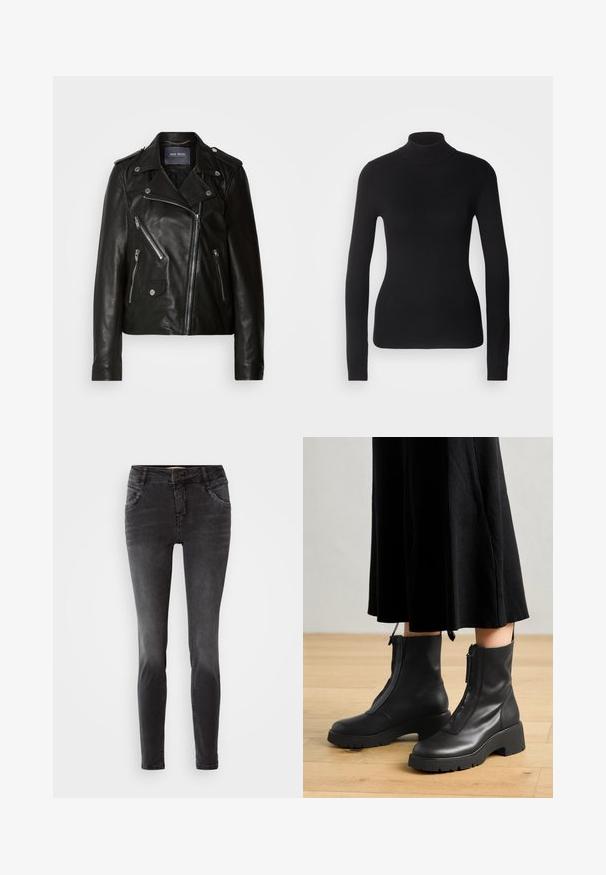 Schwarze Leder-Bikerjacke mit asymmetrischem Reißverschluss, silbernen Beschlägen und mehreren Reißverschlusstaschen. Mit Reverskragen und Schulterklappen.; Schwarzer Rollkragenpullover aus leichtem Strickgewebe. Mit langen Ärmeln, taillierter Passform und weichem Ripptextil.; Schwarze Slim-Fit-Jeans aus Denim, mit einem frontalen Knopfverschluss, Nietenverzierungen an den Taschen und einer glatten Textur.; Schwarze Lederstiefeletten mit einer dicken Plattformsohle und einem Reißverschluss vorne. Glatte Textur mit einem minimalistischen Design.