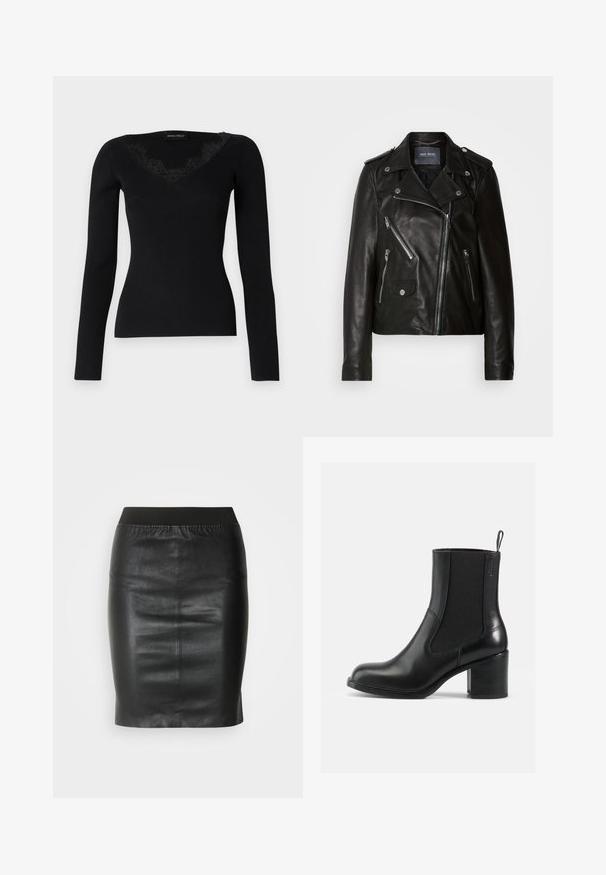 Chaqueta de moto de cuero negra con cierre de cremallera asimétrico, herrajes plateados y múltiples bolsillos con cremallera. Presenta cuello de solapa y hombreras.; Top negro de manga larga de canalé con escote en V y detalles de encaje. La textura de la tela parece suave y ajustada, adecuada para combinar en capas.; Falda lápiz negra hecha de cuero suave, con una cinturilla elástica para una silueta ajustada y un diseño minimalista.; Botín de cuero negro hasta el tobillo con paneles laterales elásticos, punta redonda y tacón cuadrado. Textura suave con detalles de costura mínimos.