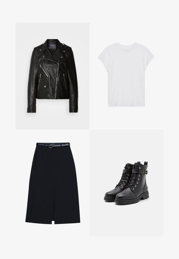 Veste de biker en cuir noir avec fermeture éclair asymétrique, quincaillerie argentée et plusieurs poches zippées. Présente un col à revers et des épaulettes.; T-shirt blanc à manches courtes, col rond, coupe décontractée, en tissu de coton doux. Texture lisse, sans motifs ni logos.; Jupe noire à mi-cuisse avec une fente frontale, fabriquée en tissu lisse. Comprend une fine ceinture noire avec une boucle en argent et des passants.; Bottes noires en cuir avec un bout rond, des lacets, œillets en or, un accent de boucle et une semelle épaisse et texturée.