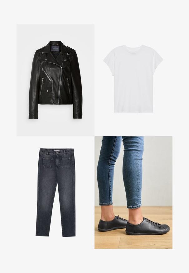 Veste de biker en cuir noir avec fermeture éclair asymétrique, quincaillerie argentée et plusieurs poches zippées. Présente un col à revers et des épaulettes.; T-shirt blanc à manches courtes, col rond, coupe décontractée, en tissu de coton doux. Texture lisse, sans motifs ni logos.; Jeans en denim gris foncé avec une coupe droite. Comprend deux poches arrière, une fermeture à bouton et des passants de ceinture. Texture légèrement décolorée.; Chaussures en cuir noir avec un bout rond, profil bas et système de laçage. Associées à des jeans ajustés bleus sur un fond de parquet.