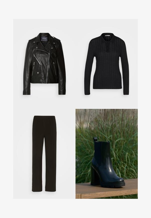 Veste de biker en cuir noir avec fermeture éclair asymétrique, quincaillerie argentée et plusieurs poches zippées. Présente un col à revers et des épaulettes.; Anna Field by Zalando Polo - black; Pantalons noirs à jambe droite en tissu tissé, avec une taille plate, deux poches latérales et une texture lisse. Aucuns motifs ni accents visibles.; Bottine en cuir noir brillant avec un talon chunky haut et une languette, présentée sur une surface en bois avec un arrière-plan de grande herbe verte.