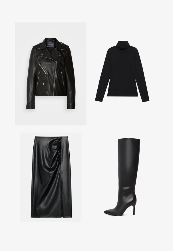 Schwarze Leder-Bikerjacke mit asymmetrischem Reißverschluss, silbernen Beschlägen und mehreren Reißverschlusstaschen. Mit Reverskragen und Schulterklappen.; Schwarzes langärmeliges Rollkragenshirt. Weicher Stoff, enganliegendes Design, hoher Kragen und seitliche Nähte. Schlichter und vielseitiger Stil, der sich gut für das Layering eignet.; Schwarzer Lederrock mit glatter Textur, der auf einer Seite einen gerafften Abschnitt und einen seitlichen Schlitz für zusätzlichen Detailreichtum aufweist.; Schwarze kniehohe Stöckelschuhstiefel aus Leder mit spitzer Zehenform und glänzender, glatter Oberfläche. Verfügt über einen hohen, schlanken Absatz für eine verlängerte Silhouette.