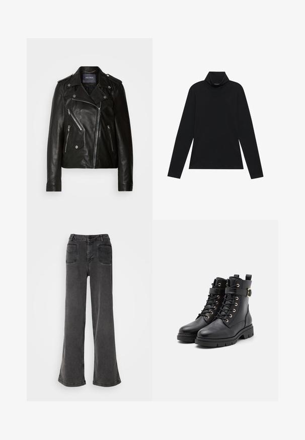 Zwarte leren motorjack met asymmetrische ritssluiting, zilveren hardware en meerdere ritszakken. Bevat een reverskraag en schouderepauletten.; Zwarte langetermijn turtleneck. Zachte stof, getailleerd design, hoge kraag en zijnaad. Eenvoudige en veelzijdige stijl die geschikt is voor het laagjes dragen.; Hoge taille, wijd-uitlopende zwarte jeans gemaakt van denim, met een knoopsluiting, riemlussen en twee achterzakken met gestikte accenten.; Zwarte leren enkelboots met een ronde neus, vetersluiting, gouden oogjes, een gespaccent en een chunky, gestructureerde zool.