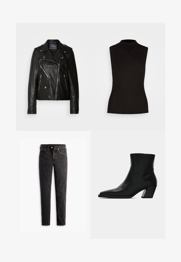 Schwarze Leder-Bikerjacke mit asymmetrischem Reißverschluss, silbernen Beschlägen und mehreren Reißverschlusstaschen. Mit Reverskragen und Schulterklappen.; Schwarzes ärmelloses Rollkragenoberteil aus geripptem Stoff, mit hohem Kragen und taillierter Silhouette. Keine Muster oder Akzente.; Schwarze Jeans aus Denim mit geradem Bein, fünf Taschen, kupferfarbenen Beschlägen und einer leicht ausgebleichten Textur.; Schwarze Leder-Stiefelette mit spitzem Zeh, schlanker Silhouette und klobigem quadratischem Absatz. Glatte Textur mit minimalen Nähdetails.