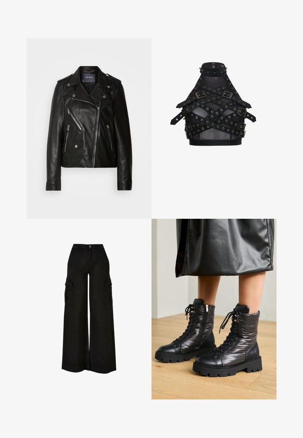 Veste de biker en cuir noir avec fermeture éclair asymétrique, quincaillerie argentée et plusieurs poches zippées. Présente un col à revers et des épaulettes.; Haut harnais en mesh noir avec plusieurs sangles cloutées réglables et boucles argentées traversant le devant et détail de col à pointes.; Pantalon cargo noir à jambes larges, taille haute, bouton sur le devant, fermeture éclair, passants de ceinture et poches à rabat sur les deux cuisses.; Bottines en cuir noir avec un dessus matelassé texturé, un design à lacets et une semelle en caoutchouc épaisse avec des accents décoratifs.