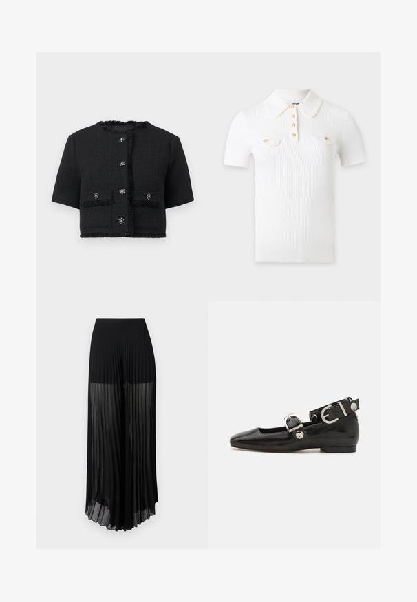 Veste courte noire à manches courtes avec bordure à franges, poches avant et six boutons décoratifs en strass.; Polo blanc en tissu côtelé à manches courtes, avec un col pointu, quatre boutons dorés sur le devant et deux poches poitrine avec rabats à boutons dorés.; Pantalon noir taille haute à jambes larges et plissées, avec tissu transparent de mi-cuisse jusqu'à l'ourlet, présenté sur un fond uni.; Ballerine en cuir verni noir avec un bout carré, sangle de cheville avec des détails en métal argenté et semelle plate. Texture lisse avec un design minimaliste.