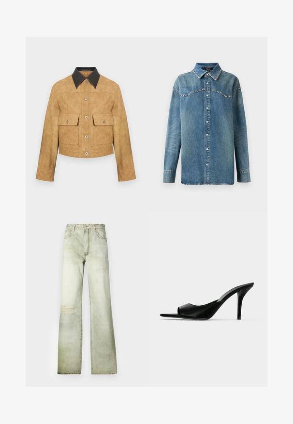 Tan læder cropped jakke med sort krave, som har to frontlommer og trykknaplukning. Glat tekstur med en mat finish.; Blå denim skjorte med lange ærmer, trykknapper, spids krave og rhinsten-detaljer langs bærestykke og kravekanter.; Falmette grønne denimjeans med høj talje, bred benudskæring og slidte lapper. Har knaplukning og fem lommer.; Sort læder åben tå højhælet mule med en slank stilet hæl, vist i sideprofil på en ensfarvet baggrund.