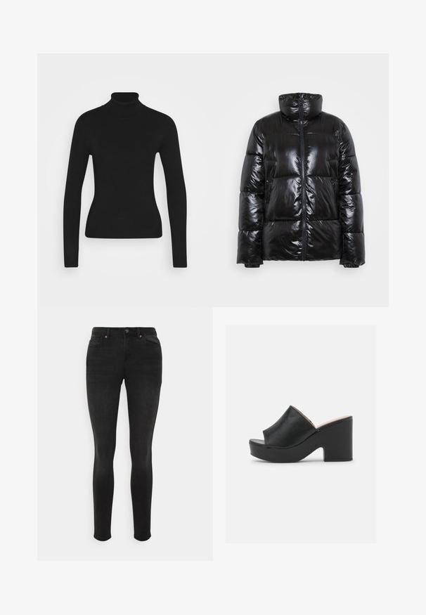 Must have läikivast materjalist must puffer jakk, millel on kõrge krae, tõmblukk ning tikitud muster koos suurte polsterdatud osadega.; Mustmustik turtleneck sviiter pika varrukaga, valmistatud siledast kudumisest. Omab kitsast disaini ja soonikkoes kraed.; Mustad mustad teksad, millel on nupuga ja tõmblukk. Viis taskut, minimaalne pleekimine ja sile tekstuur.; Mustad mustast nahast avatud varvastega mulla saabastega on lai esirihm ja tume, kõrge platvormi konts, millel on sile tekstuur. Näidatud külgvaates.
