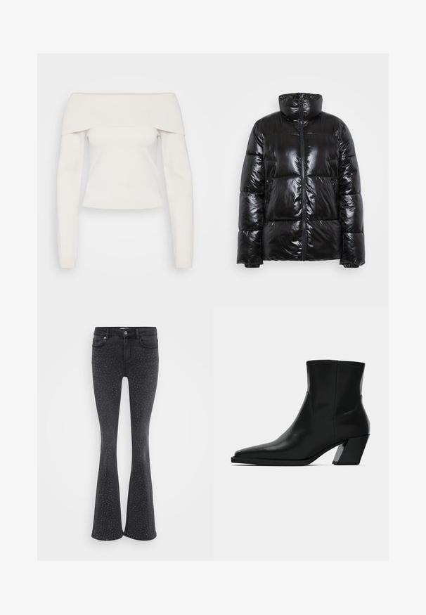 Doudoune noire en matériau brillant, dotée d'un col haut, d'une fermeture éclair et d'un design matelassé avec de grandes sections rembourrées.; Haut à manches longues sans épaule en tricot blanc doux, avec un col à côtes et un corps ajusté, doté d'une texture lisse et de coutures minimales.; Jean noir évasé en denim, orné de clous métalliques sur l'ensemble. Cinq poches et fermeture à bouton à l'avant.; Bottine en cuir noir avec un bout pointu, une silhouette élégante et un talon carré massif. Texture lisse avec des détails de couture minimalistes.