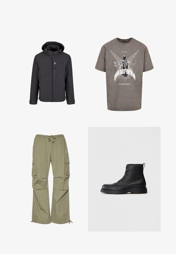 Schwarze Softshell-Jacke mit Kapuze, Frontreißverschluss und zwei seitlichen Taschen sowie verstellbaren Manschetten. Glatte Textur und minimalistisches Design.; Graues, übergroßes T-Shirt aus Baumwolle mit einem grafischen Aufdruck einer geflügelten Statue und stilisiertem Text auf der Vorderseite.; Cargo-Hosen in olivgrün, aus leichtem Stoff gefertigt, mit einem elastischen Bund, verstellbaren Bündchen und mehreren Seitentaschen.; Schwarze strukturierte Leder-Schnürstiefelette mit dicker Sohle und Zuglasche hinten, Seitenansicht.