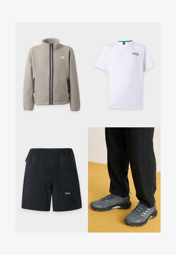 Veste polaire gris clair avec fermeture éclair intégrale à l'avant, deux poches latérales zippées, col montant et logo The North Face sur la poitrine.; T-shirt blanc à manches courtes avec un petit logo turquoise The North Face sur le côté gauche de la poitrine et un col rond.; Shorts noirs légers avec taille élastique, poches avant, fermeture par bouton et petit logo Columbia sur la jambe inférieure droite.; Baskets de sport grises en mesh et synthétique avec un profil de semelle prononcé, des accents réfléchissants et un design à lacets, associées à un pantalon noir ample.