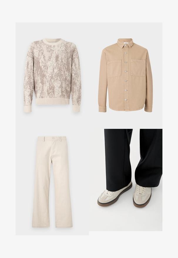 Chemise beige à manches longues avec un col, des boutons argentés et deux poches avant. Fabriquée en tissu de coton doux. Design classique, coupe non structurée.; Pull en tricot couleur crème et beige avec un motif abstrait texturé. Doté d'un col rond et de poignets et d'un ourlet côtelés.; Pantalons larges beiges en tissu léger, dotés d'une fermeture à bouton et de poches avant, avec une finition lisse et sans texture.; Pieds portant des baskets beige avec des semelles marron et un pantalon noir à jambes larges sur fond blanc.