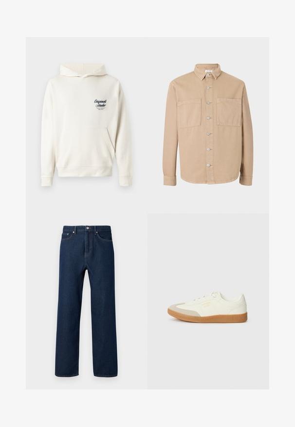 Beige langærmet skjorte med krave, sølvknapper og to forlommer. Lavet af blødt bomuldsstof. Klassisk design, ustruktureret pasform.; Kræmfarvet hoodie lavet af blødt stof, med en lomme foran, ribbede manchetter og et lille broderet logo på brystet.; Mørkeblå denim jeans med lige pasform, fem lommer og synlige stikninger. Har knaplukning og bæltestropper.; Sneaker lavet af hvid læder med en beige tåhætte og let brunt gummisål. Har flade hvide snørebånd og prægede branding på siden.