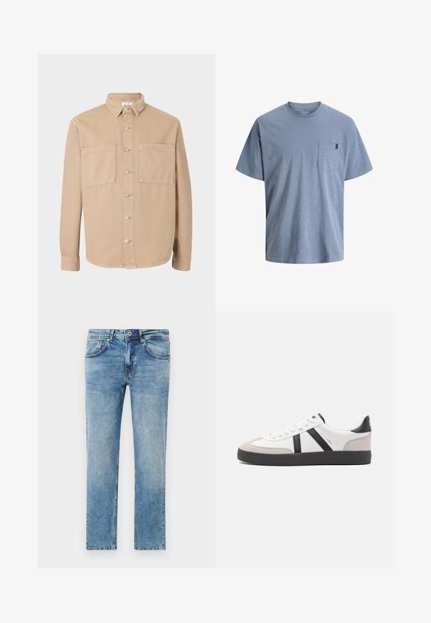 Beige Langarmhemd mit Kragen, silbernen Knöpfen und zwei Vordertaschen. Aus weichem Baumwollstoff gefertigt. Klassisches Design, unstrukturierte Passform.; Blaues Baumwoll-T-Shirt mit Rundhalsausschnitt und kurzen Ärmeln. Verfügt über eine aufgesetzte Tasche auf der linken Brust und eine strukturierte Oberfläche.; Helle blaue Jeans aus Denim mit geradem Bein-Design, fünf Taschen, dezenten Nähten und einem ausgewaschenen Finish.; Weiße Sneaker mit schwarz- und grau-aczenten, ausgestattet mit einer strukturierten grauen Zehenkappe, schwarzer Gummi-Sohle und flachen weißen Schnürsenkeln. Sauberes Design, minimalistische Stil.